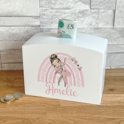 Ballerina Dancer and Pink Rainbow with name, Personalised Solid luxury curved top rectangular white money box